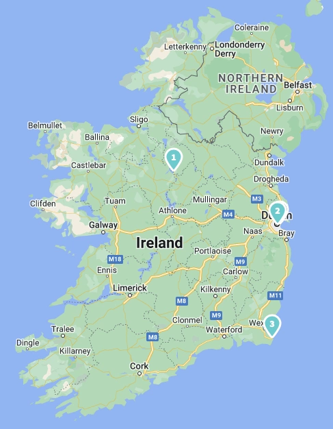Screenshot of Google Maps showing: Map of Ireland with Dromod, Dublin Connolly and Rosslare Europort train stations